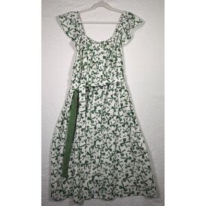 Beau & Ro Women XL Belted Button Maxi Dress Green Cottagecore Boat Neck Cotton